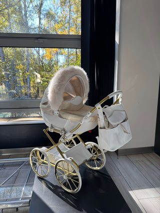 Junama white dolls pram in white — foldable toy pram with adjustable handle | Butterflies Baby UK