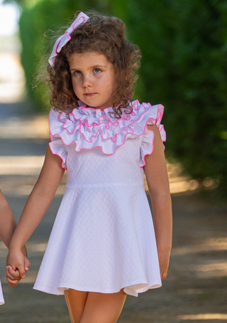 Babine Ruffle Dress Neon Pink Trim